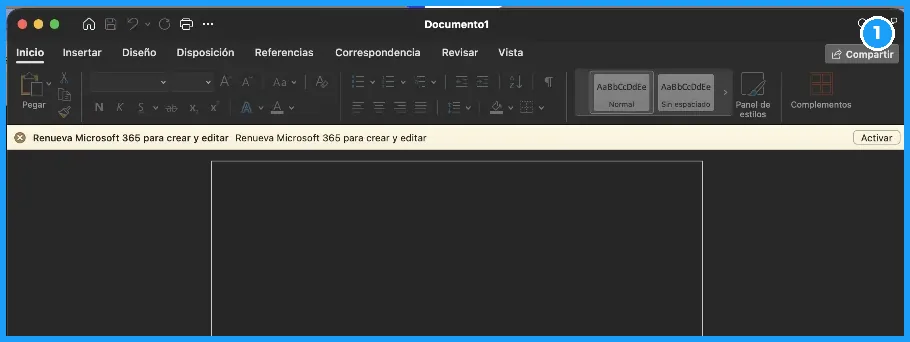 Word para Mac bloqueado con el mensaje Renueva Microsoft 365 para crear y editar