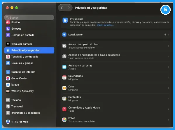 Configuración del Sistema en Privacidad y seguridad, apartado Acceso completo al disco