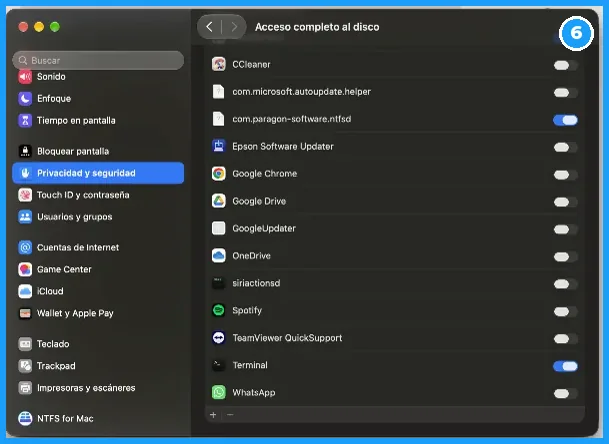 Terminal con el permiso de acceso completo al disco activado