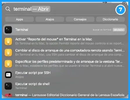 Spotlight de macOS abriendo la aplicación Terminal