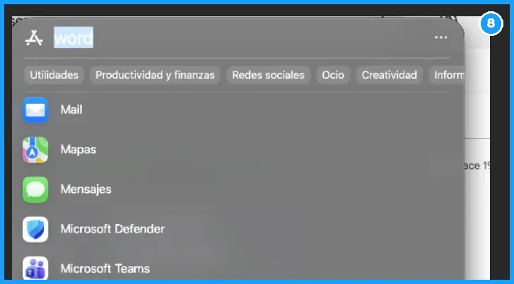 Búsqueda en el Mac que muestra Microsoft Defender y Microsoft Teams