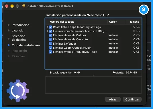 Office-Reset con las opciones para eliminar Microsoft 365 y Office marcadas