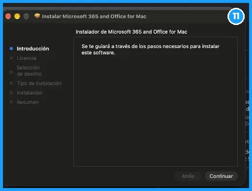 Primera pantalla del instalador de Office para Mac
